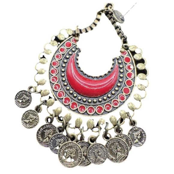 Large Bollywood Style Boho Earrings. Gold Tone - Red Stone & Roman Coin Dangles - Picture 5 of 5